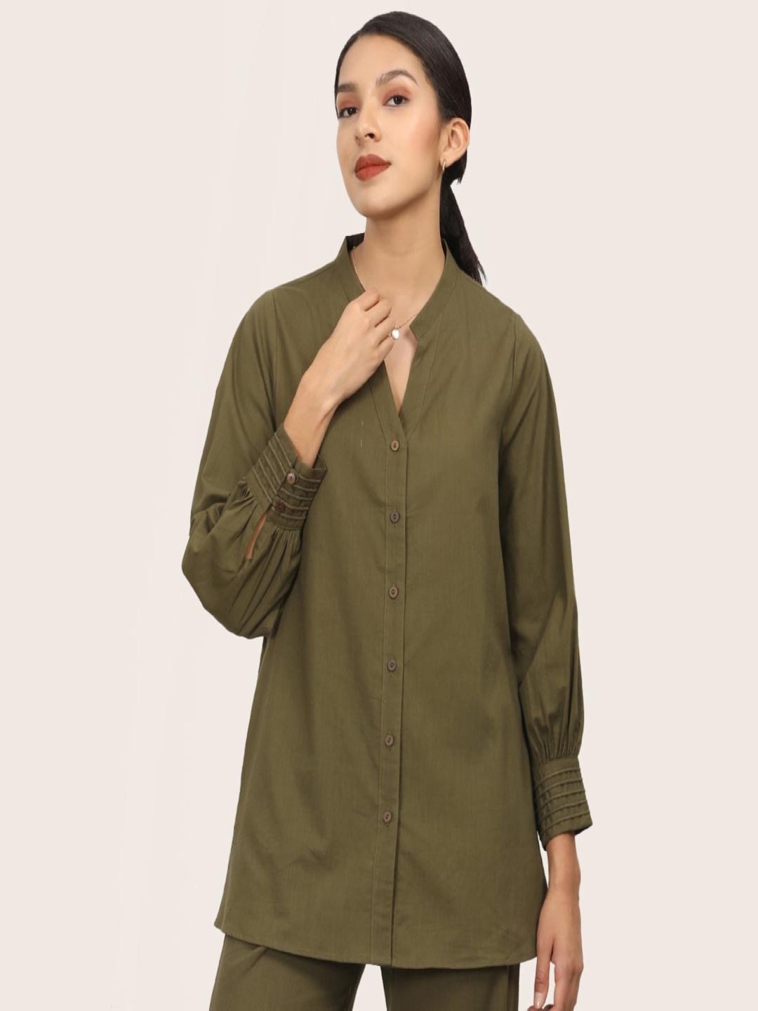 

Saltpetre Women Relaxed Fit Mandarin Collar Solid Cotton Formal Shirt, Olive