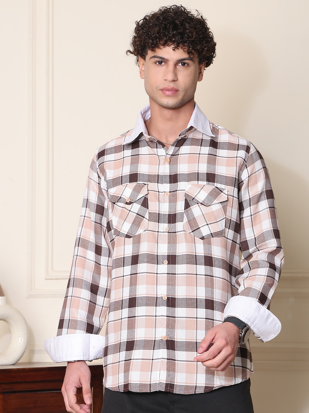 

Tanip Men Spread Collar Tartan Checked Cotton Casual Shirt, Cream