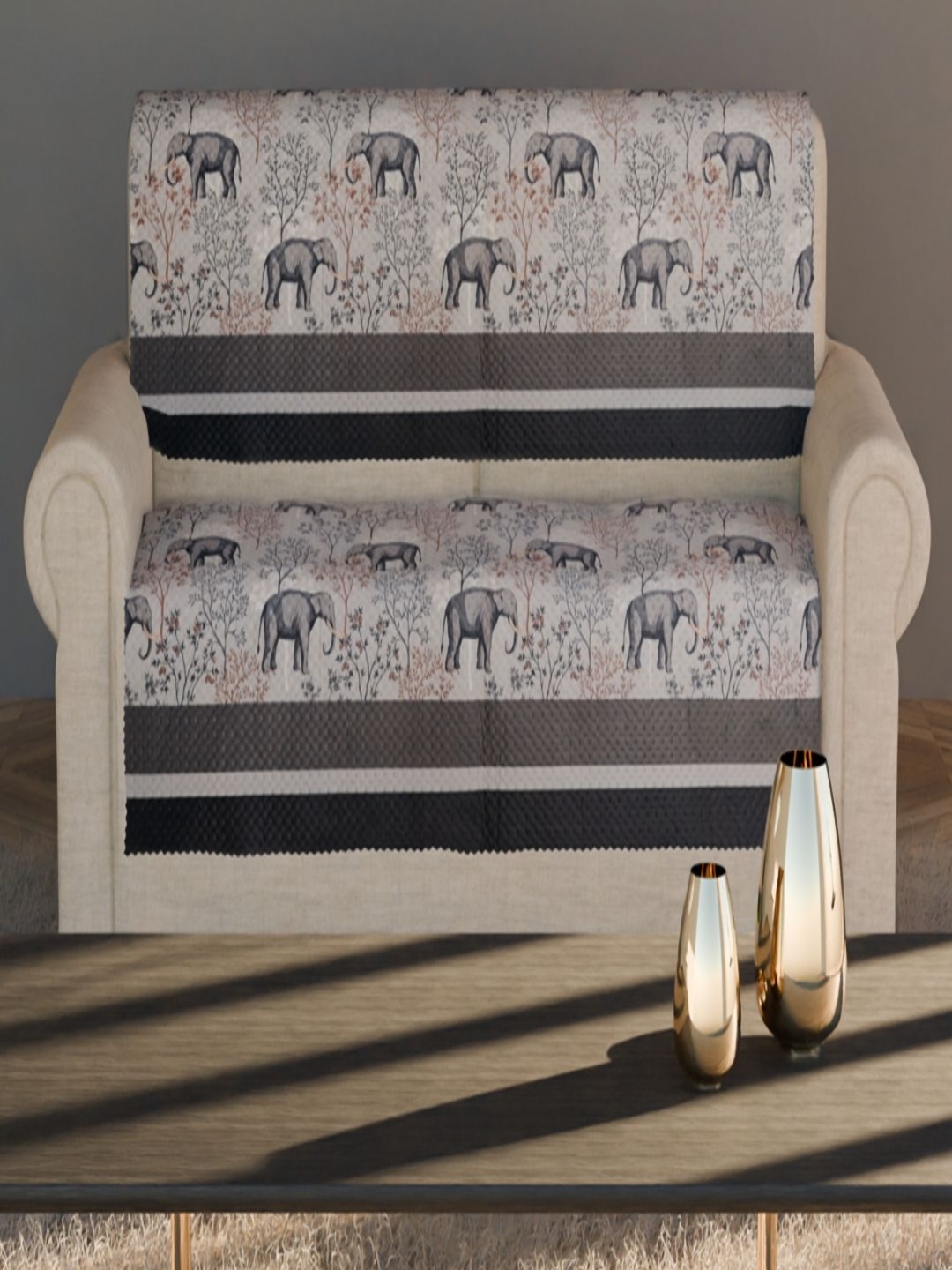 

Fashion Throw Beige & Grey 2 Pieces Elephant Printed Velvet 2 Seater Sofa Covers