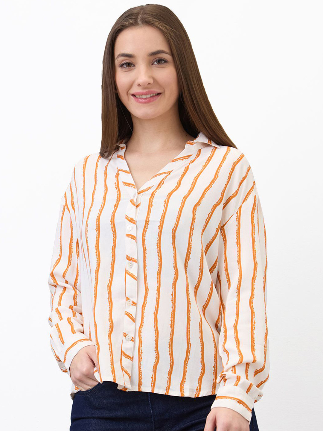 

SPYKAR Women Spread Collar Vertical Striped Casual Shirt, Orange