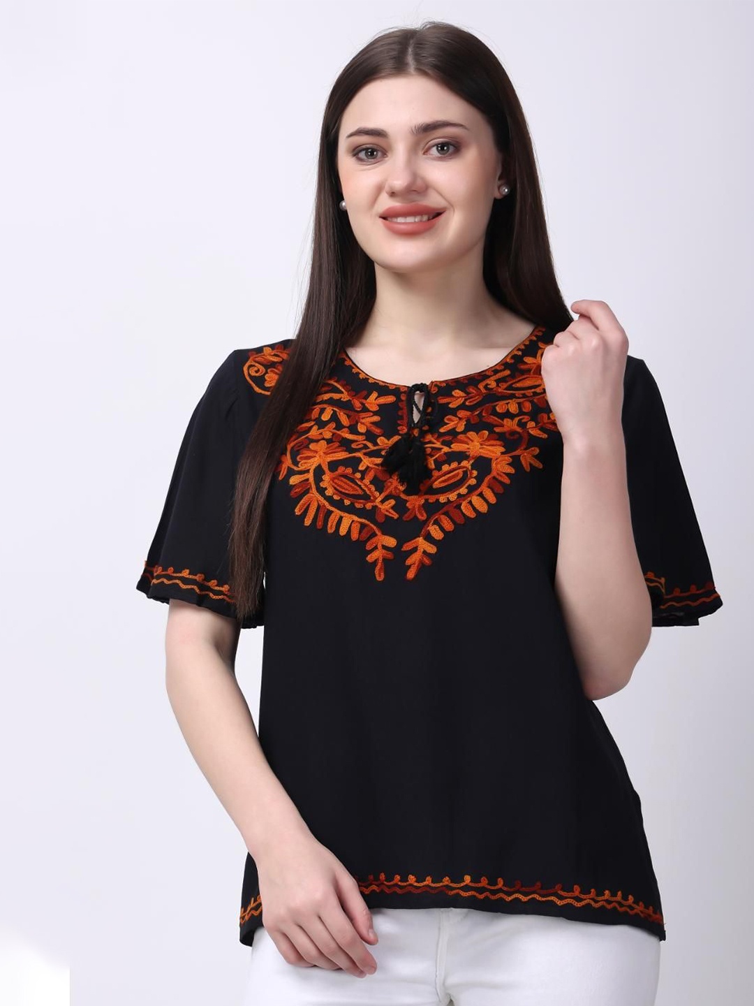 

VAAMII Women Embroidered Tie-Up Neck Flared Sleeve Top, Black