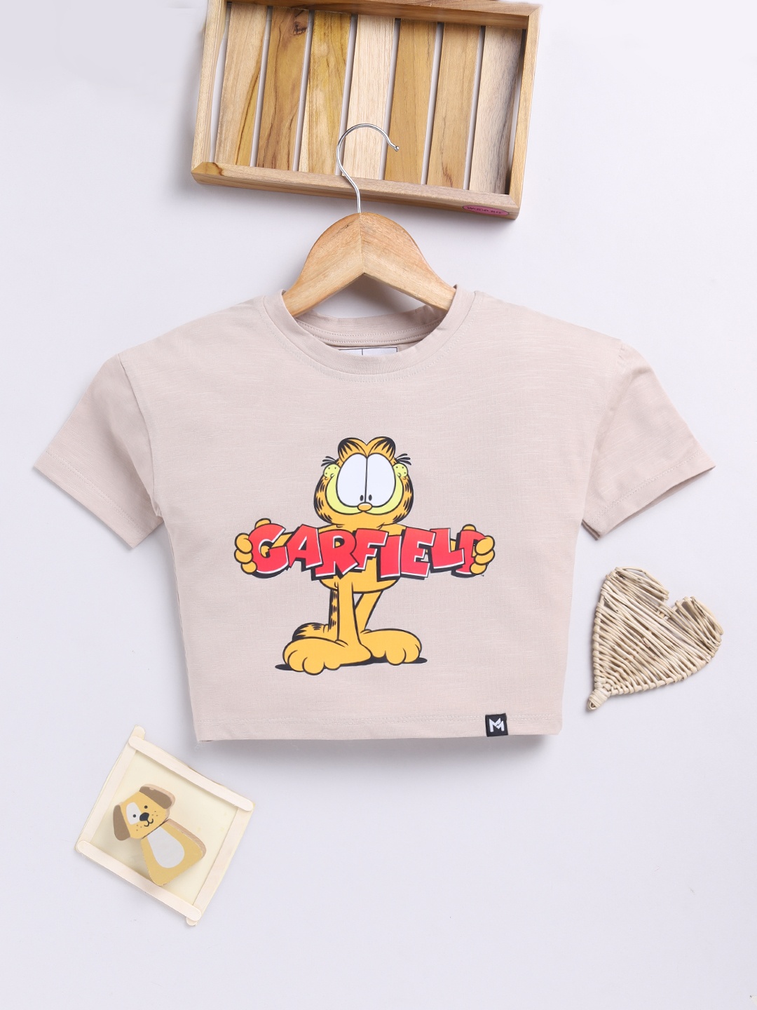 

YK X Minute Mirth Girls Print Pure Cotton Crop Top, Beige