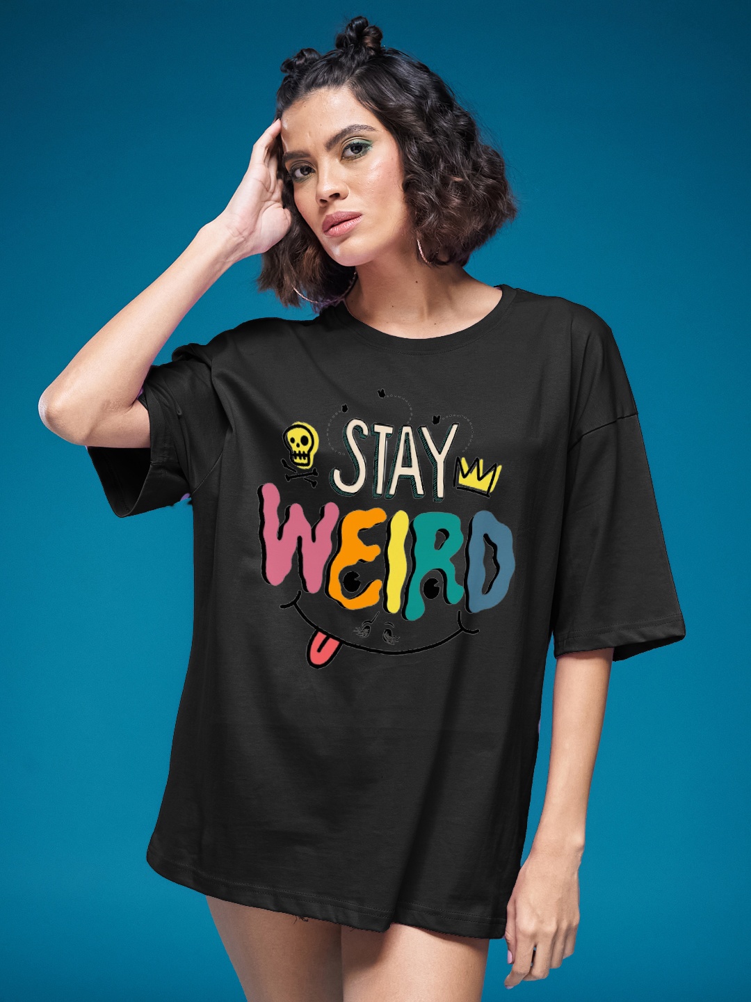 

SMARTEES Women Typography Printed Round Neck Cotton Oversized T-shirt, Black