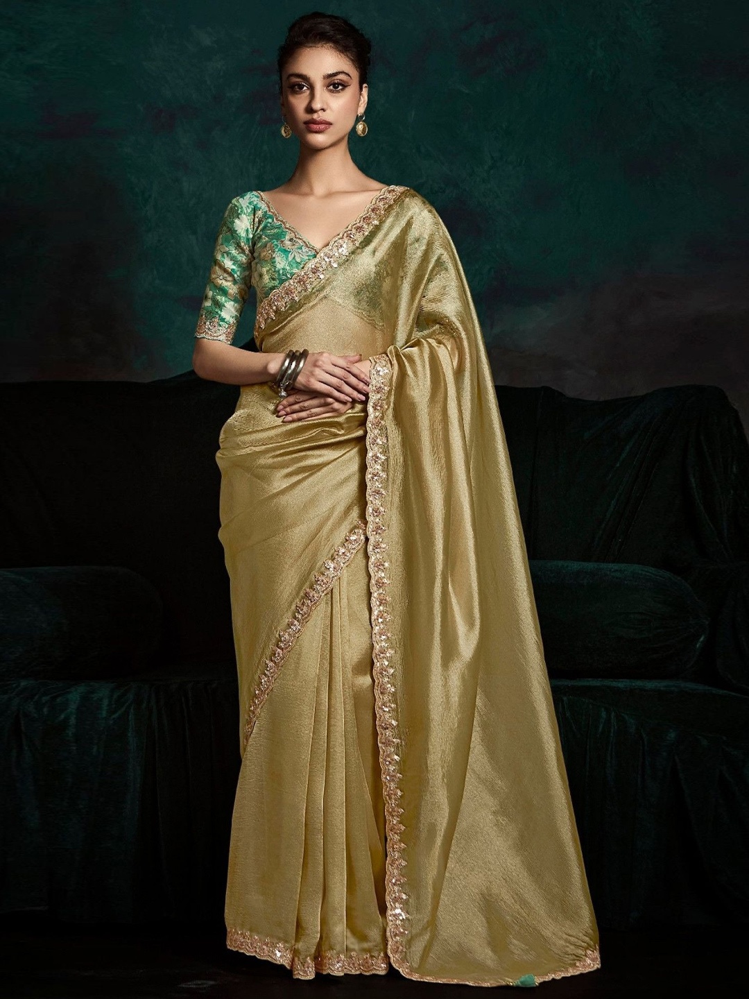 

MySilkLove Bronze Yellow Embroidered Tissue Designer Saree, Gold