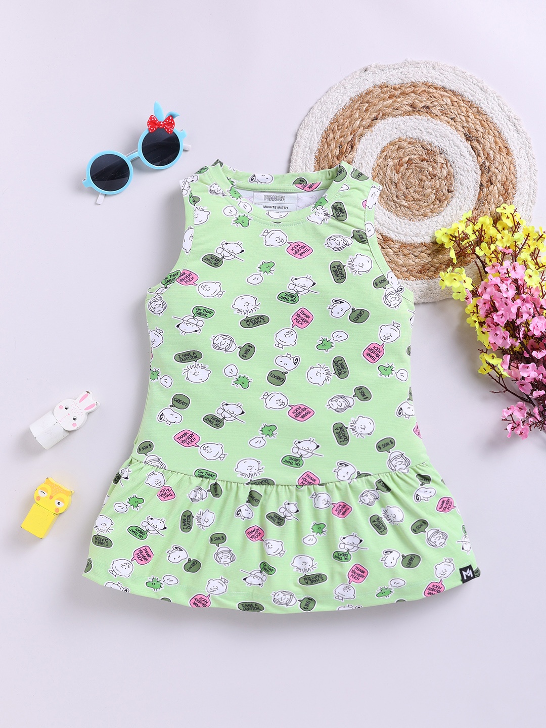 

YK X Minute Mirth Girls Peanuts Printed Drop-Waist Dress, Green