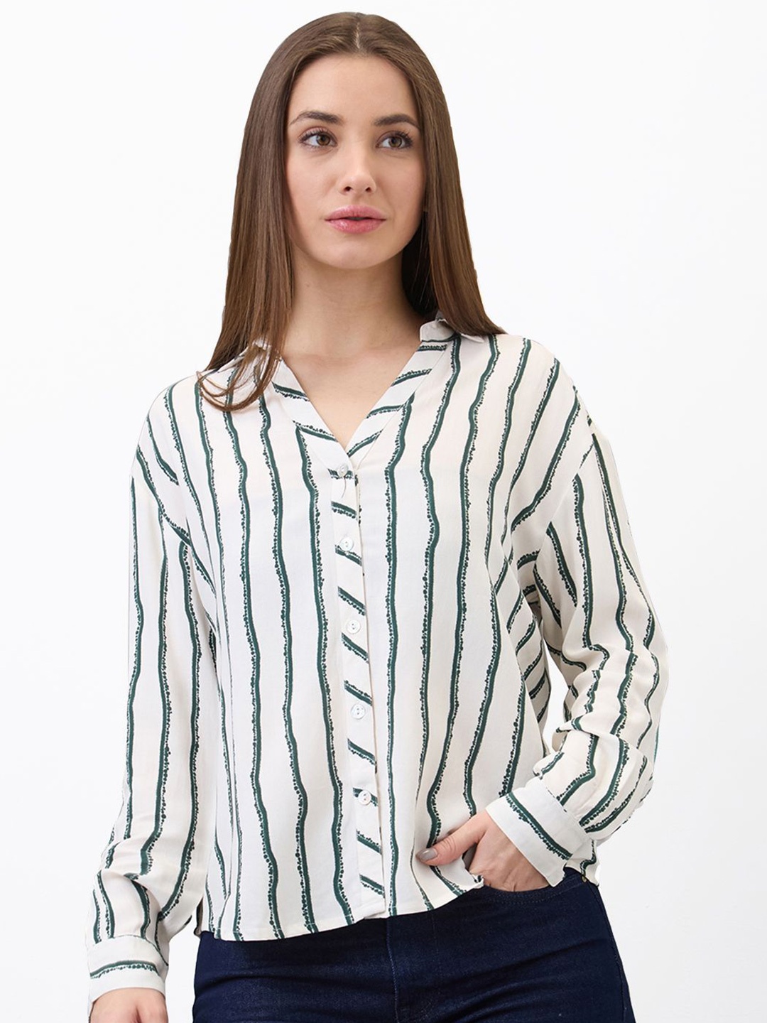 

SPYKAR Women Spread Collar Vertical Striped Casual Shirt, White