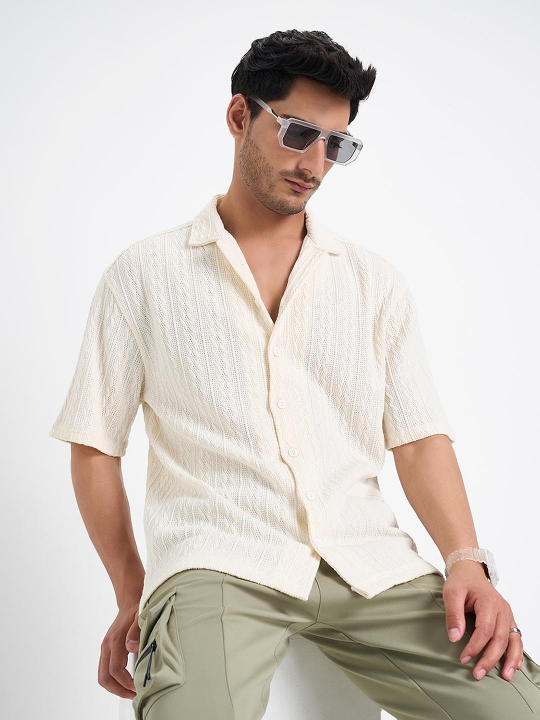 

Street 808 by Pantaloons Men Relaxed Fit Cuban Collar Textured Casual Shirt, Off white