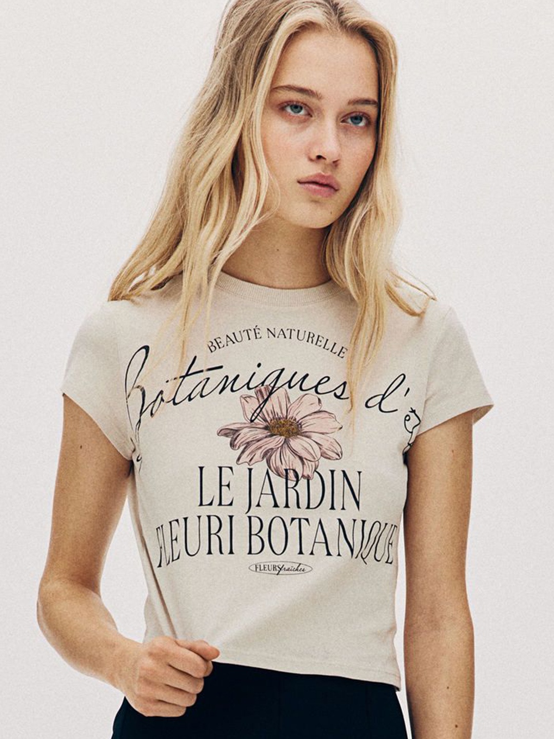 

H&M Cropped Printed T-shirt, Beige