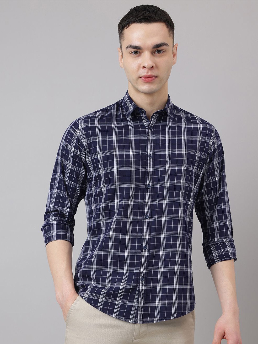 

Richlook Men Comfort Tartan Checks Opaque Checked Casual Shirt, Navy blue