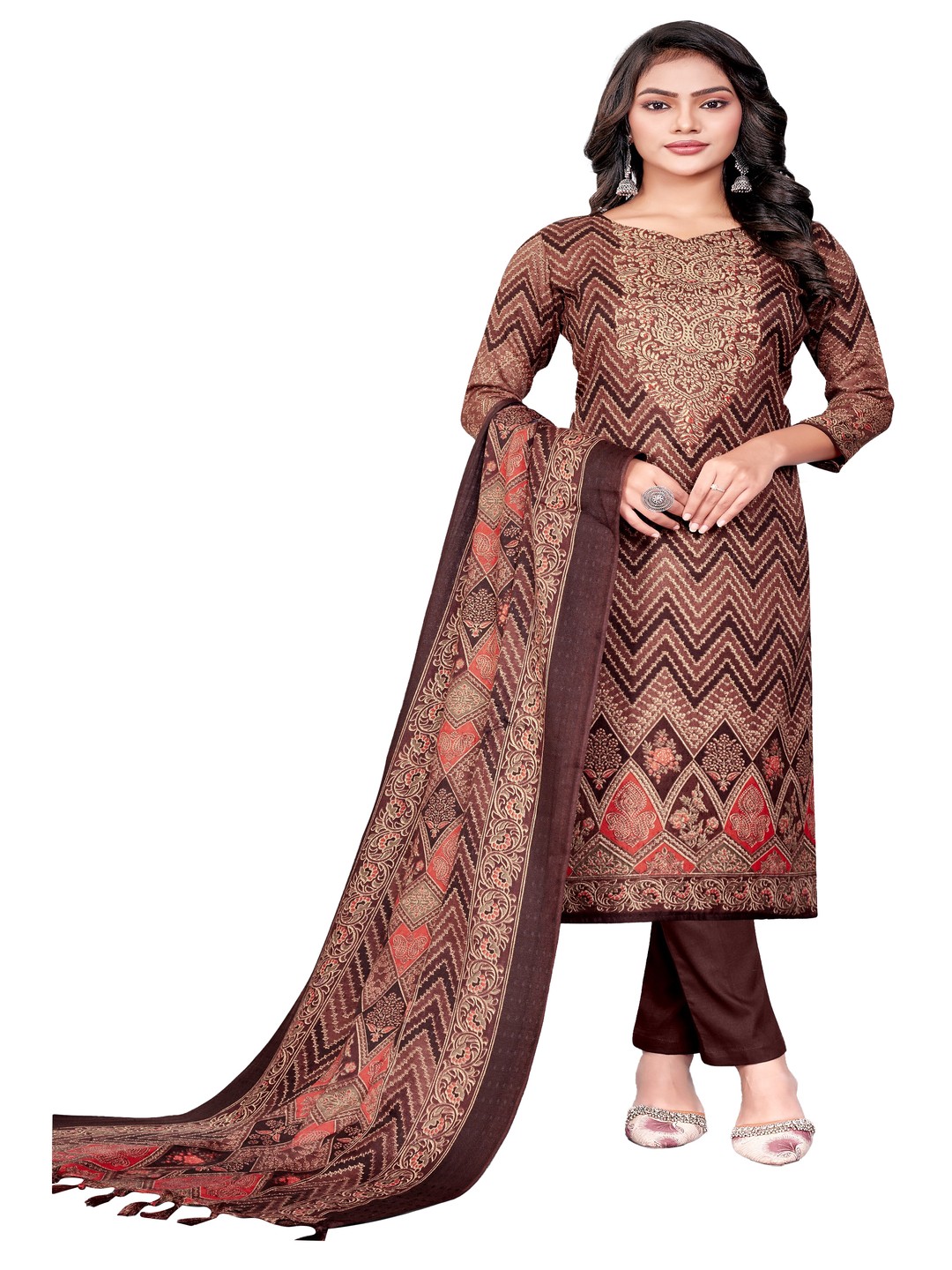 

DRAVINAM Trends Chevron Printed Pashmina Unstitched Dress Material, Brown