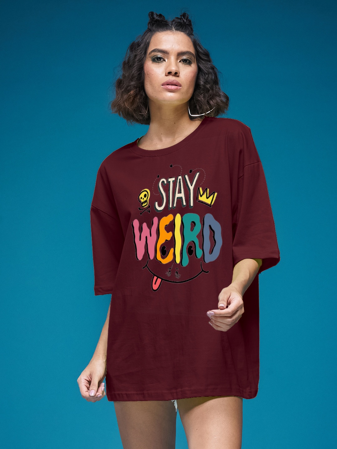 

SMARTEES Women Typography Printed Round Neck Cotton Oversized T-shirt, Maroon