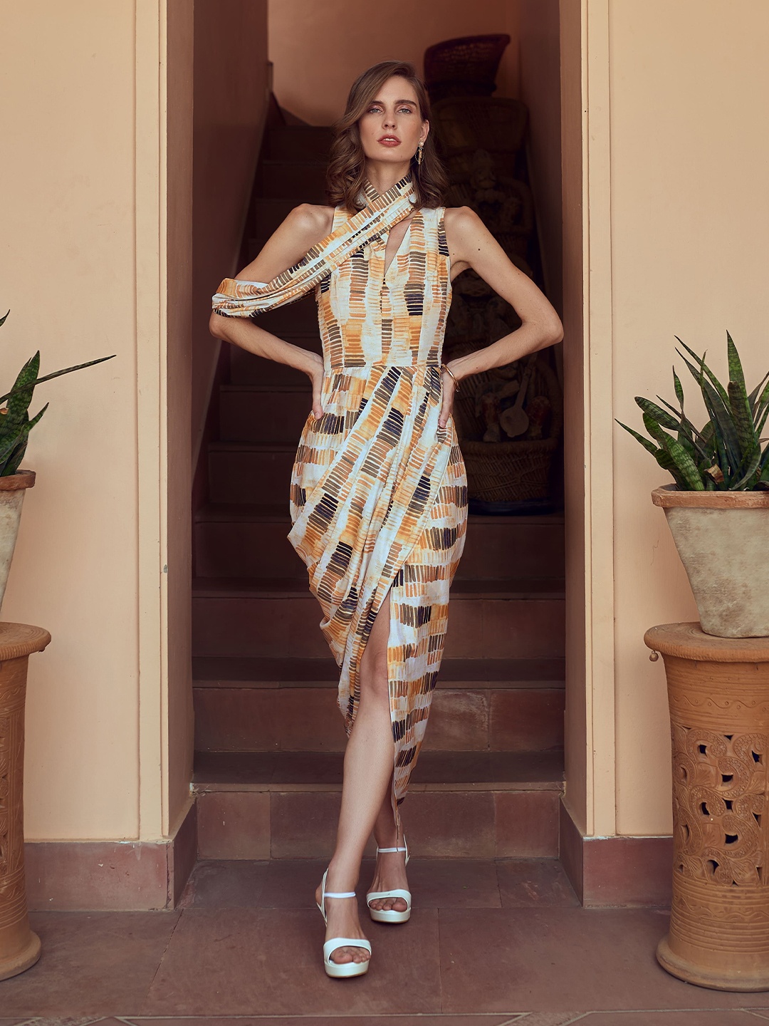 

Mamicha Print Crepe A-Line Midi Dress, Yellow