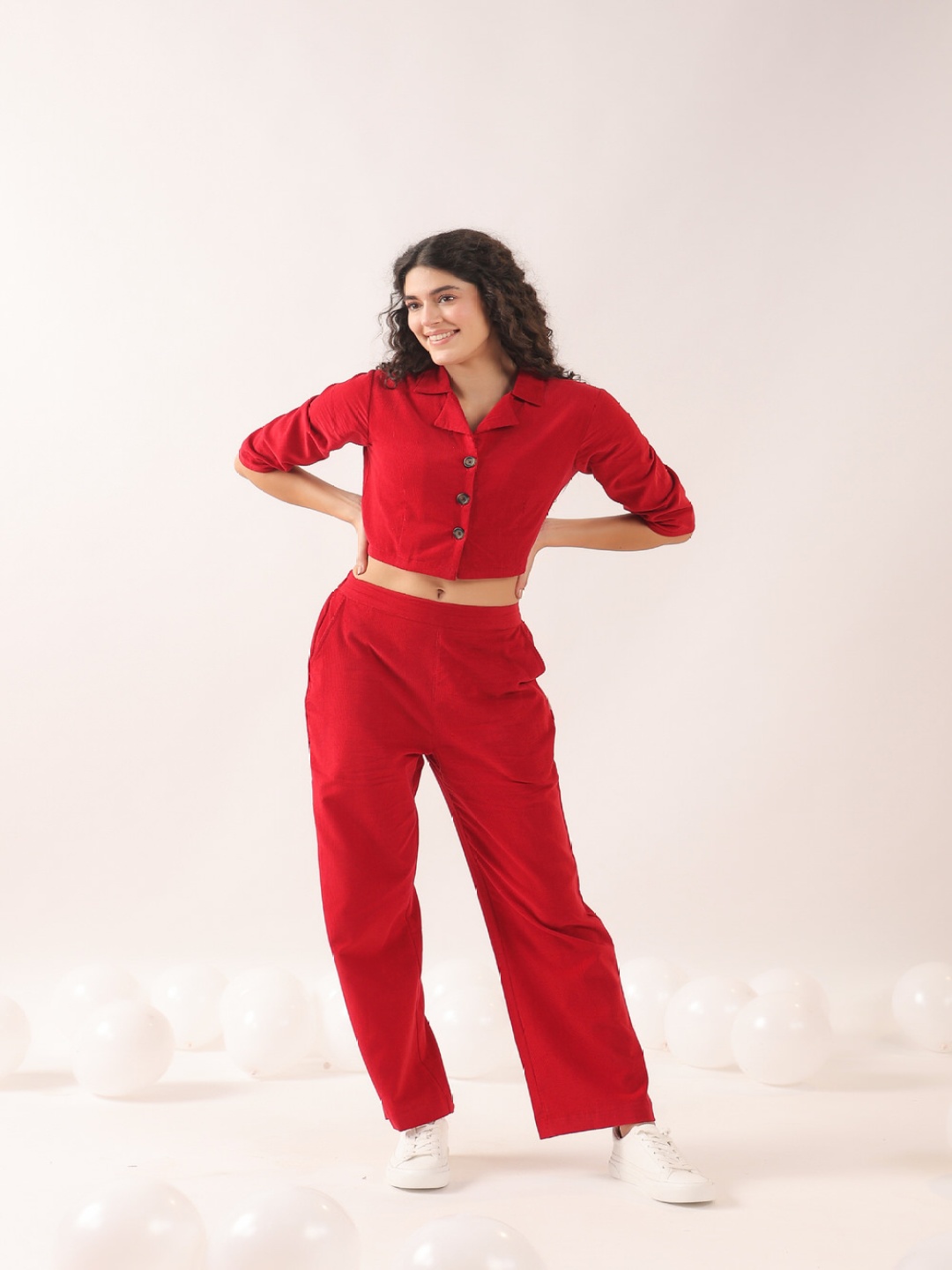 

JISORA Red Shirt Collar Pure Cotton Top With Trousers