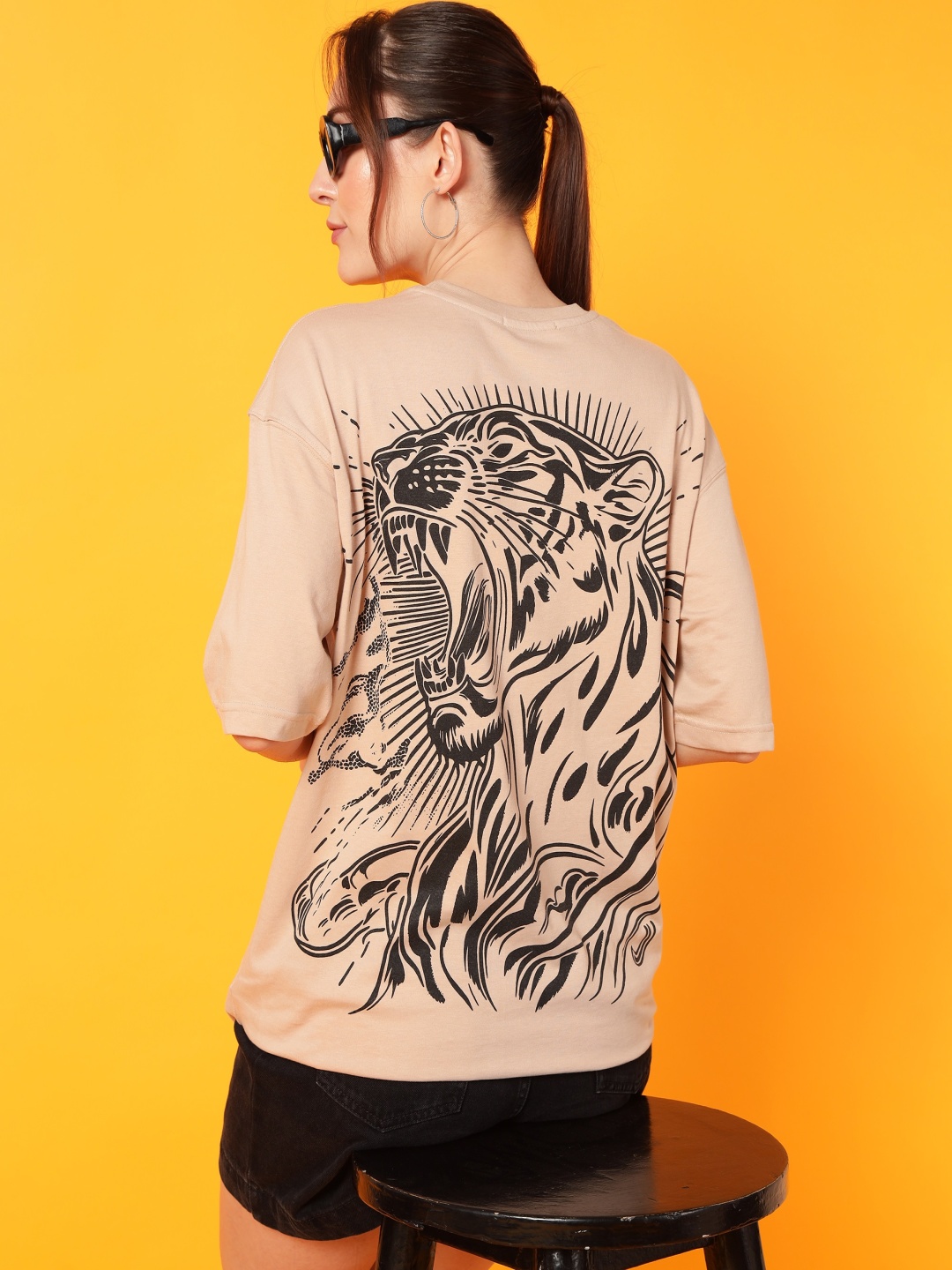 

Dogman Women Abzorb Typography Printed Round Neck Cotton Oversized T-shirt, Beige