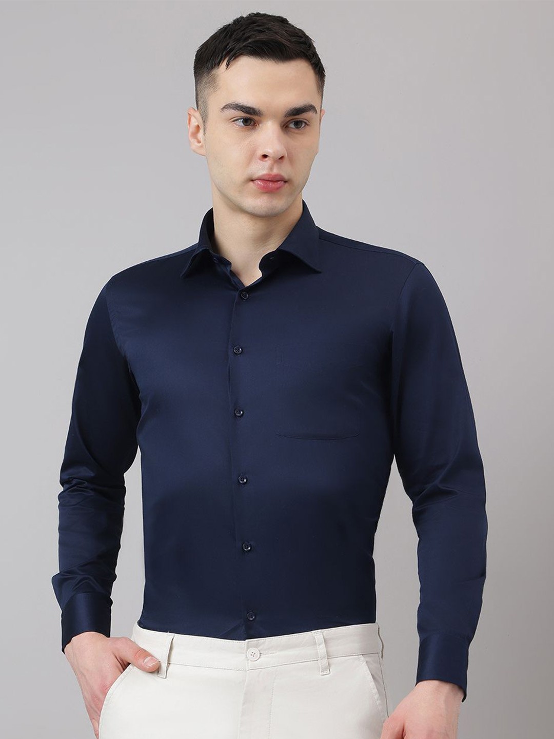 

Richlook Men Comfort Fit Spread Collar Solid Cotton Formal Shirt, Navy blue