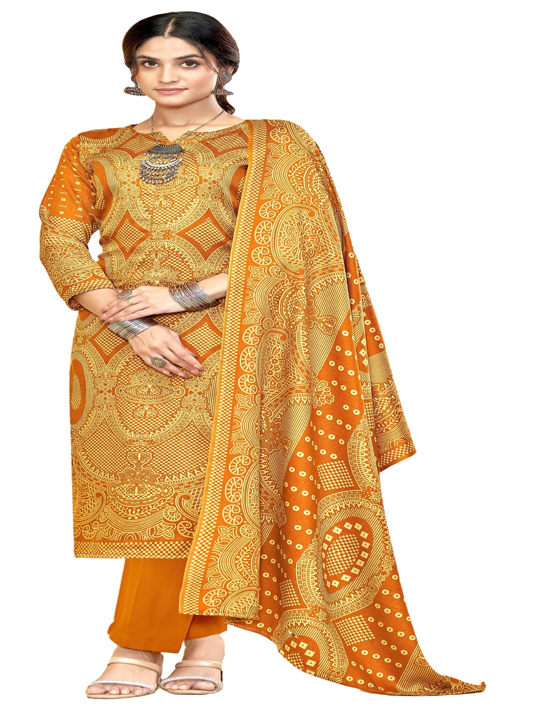 

DRAVINAM Ethnic Motifs Printed Pashmina Unstitched Dress Material, Yellow