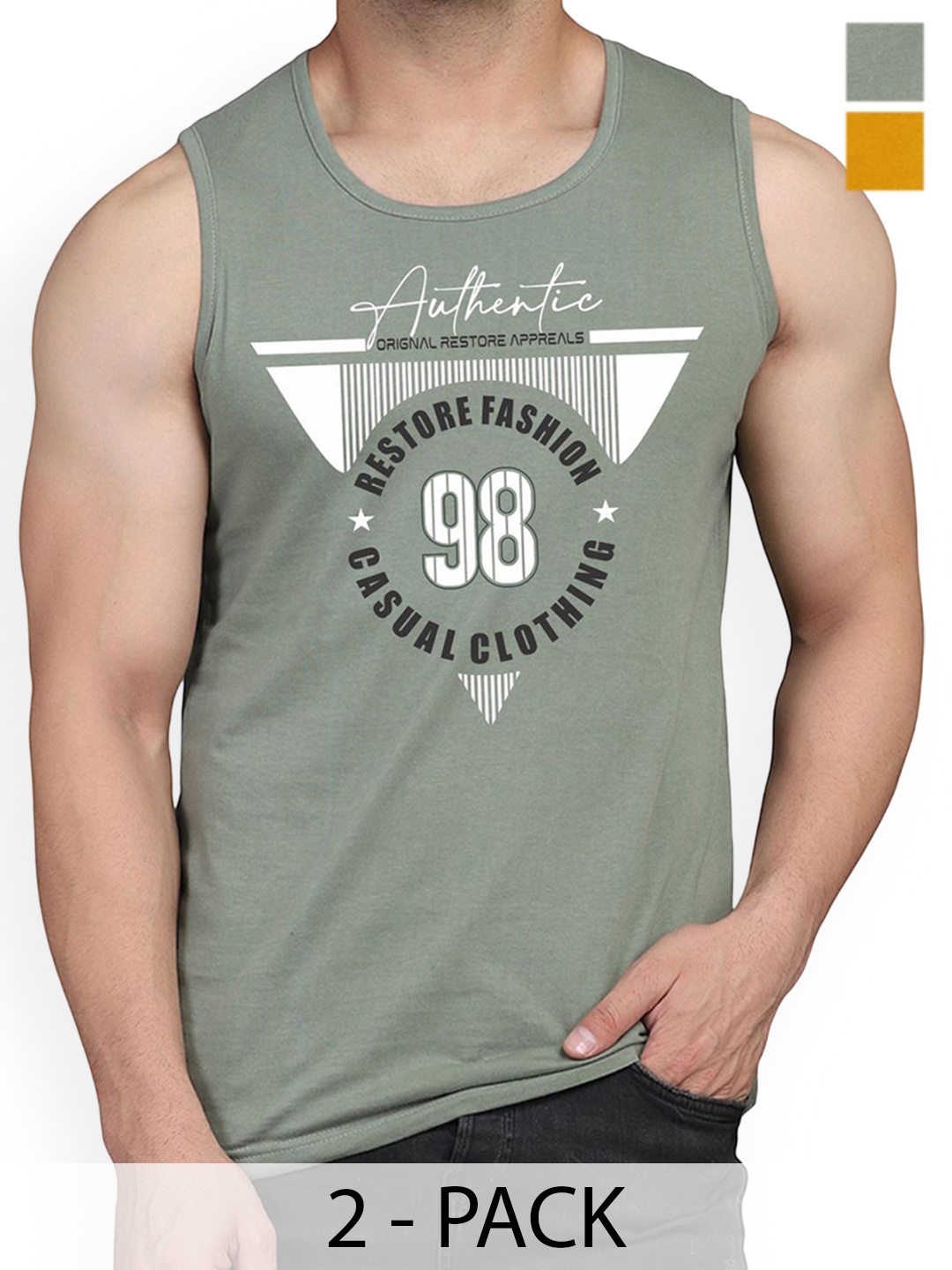 

Woostro Pack Of 2 Printed Cotton Gym Vests RS26 CMB (HARD MUSTARD) (98 LGTGREEN)