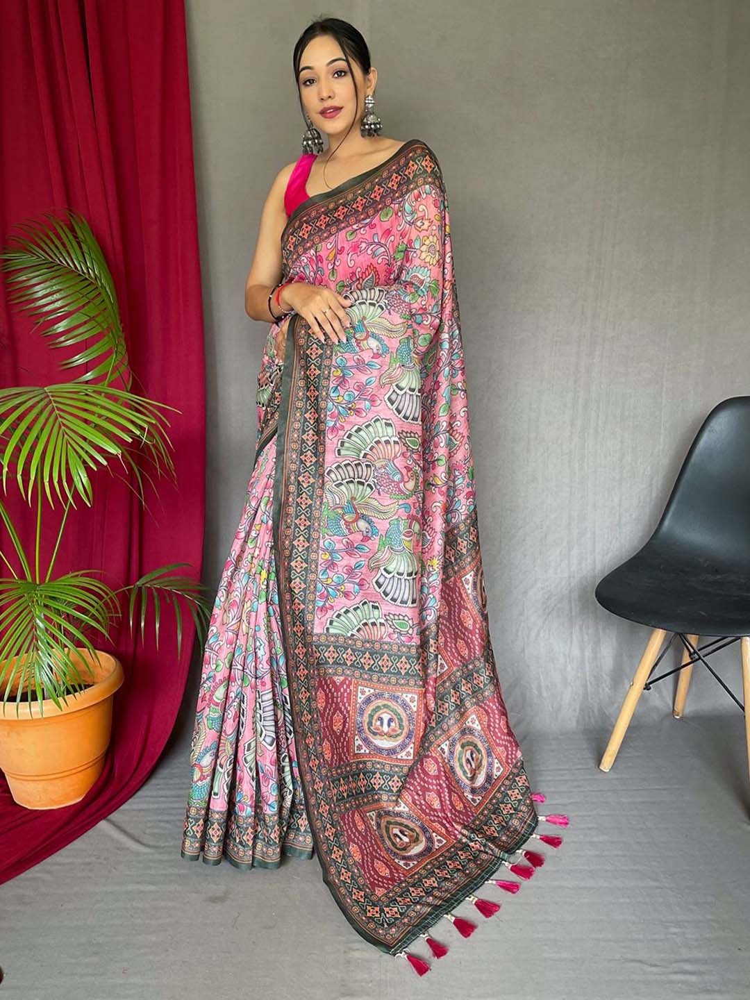 

TORONFRAS Ethnic Motifs Printed Chanderi Saree, Pink