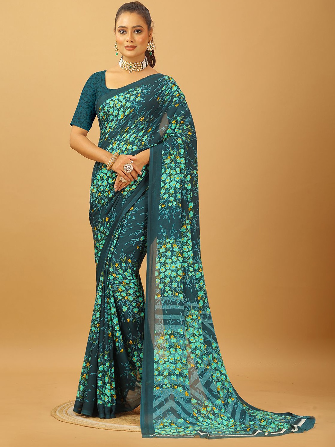 

A.V.M. SILK MILLS Floral Printed Pure Georgette Saree, Turquoise blue