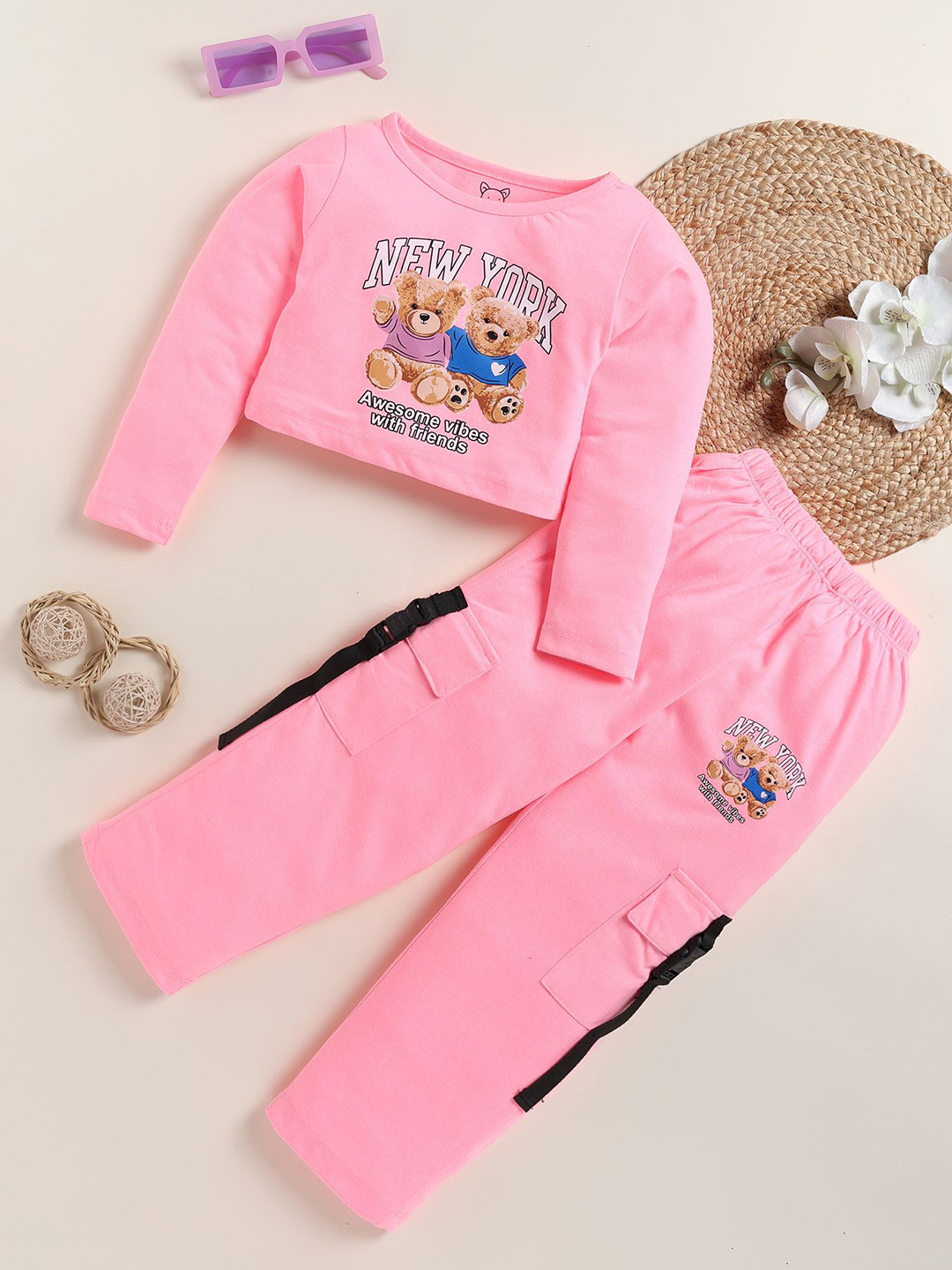 

YK Girls Printed Round Neck Top With Trouser, Pink