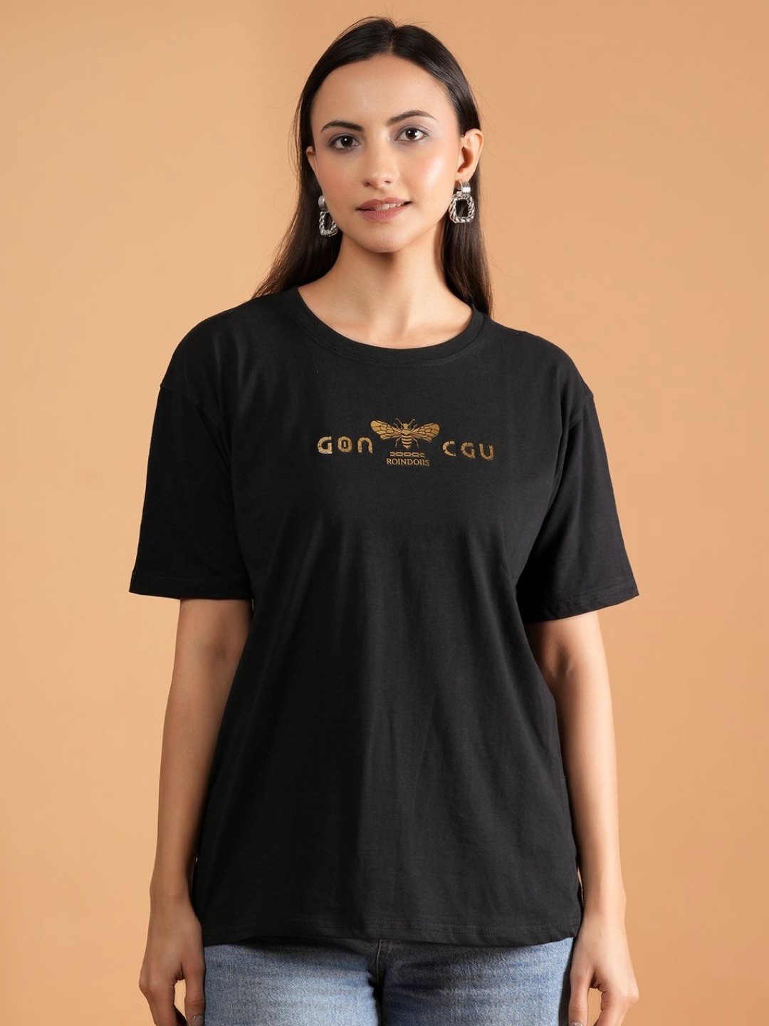 

BAESD Women Typography Printed Round Neck Cotton Oversized T-shirt, Black
