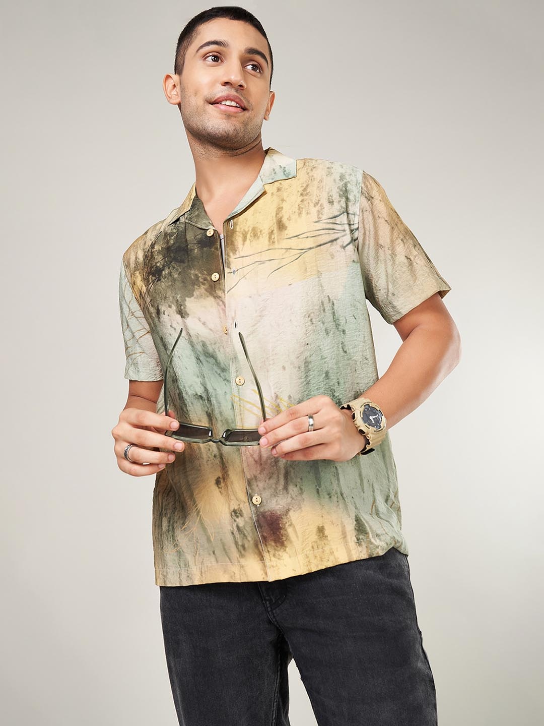

People Men Cuban Collar Abstract Printed Casual Shirt, Beige