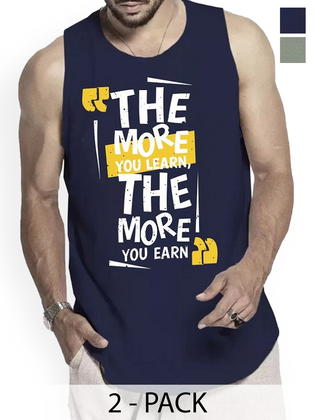 

Woostro Men Pack Of 2 Printed Pure Combed Cotton Gym Vests, Navy blue