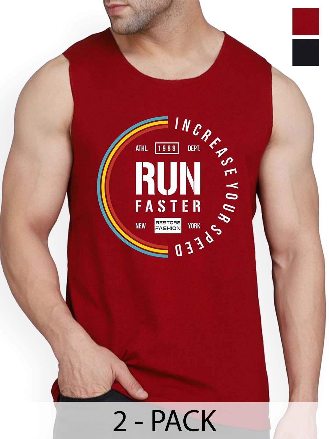 

Woostro Pack Of 2 Printed Pure Combed Cotton Gym VestsRS26 CMB (RUN MAROON) (MORE BLACK)
