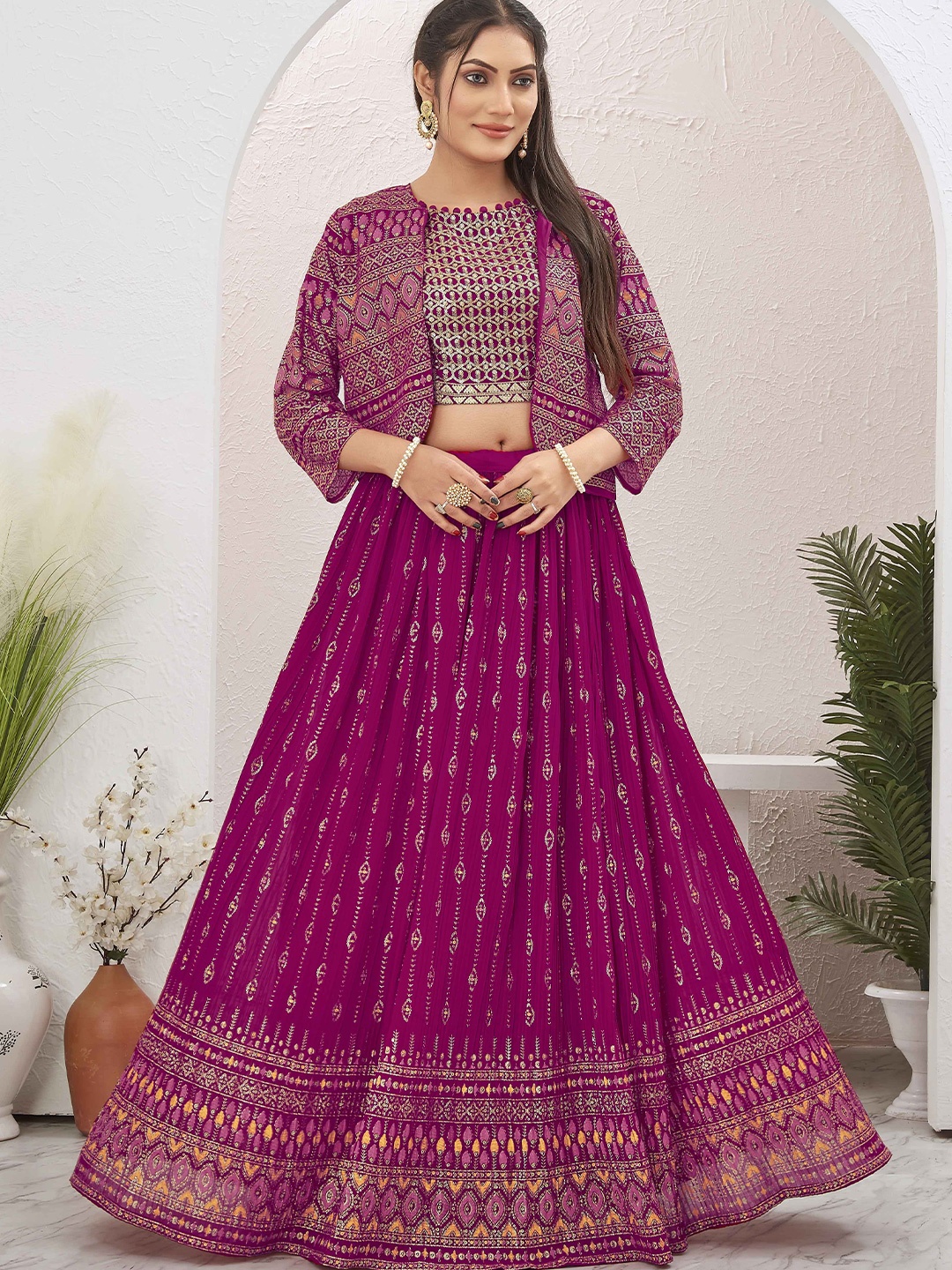 

Chandbaali Embroidered Sequinned Round Neck Ready to Wear Lehenga & Choli With Jacket, Pink