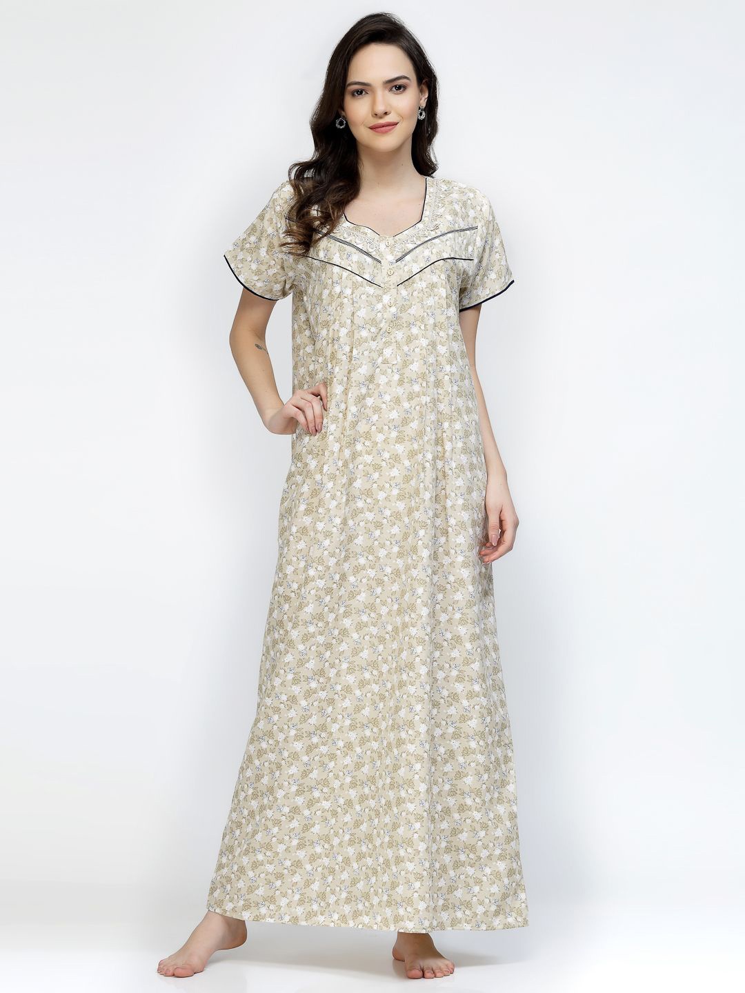 

Sweet Dreams Women Printed Pure Cotton Maxi Nightdress, Off white