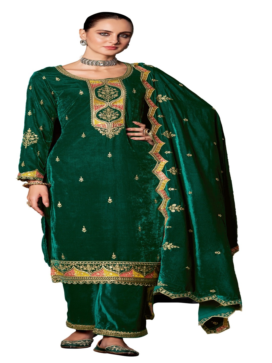 

DRAVINAM Trends Floral Embroidered Velvet Unstitched Dress Material, Green