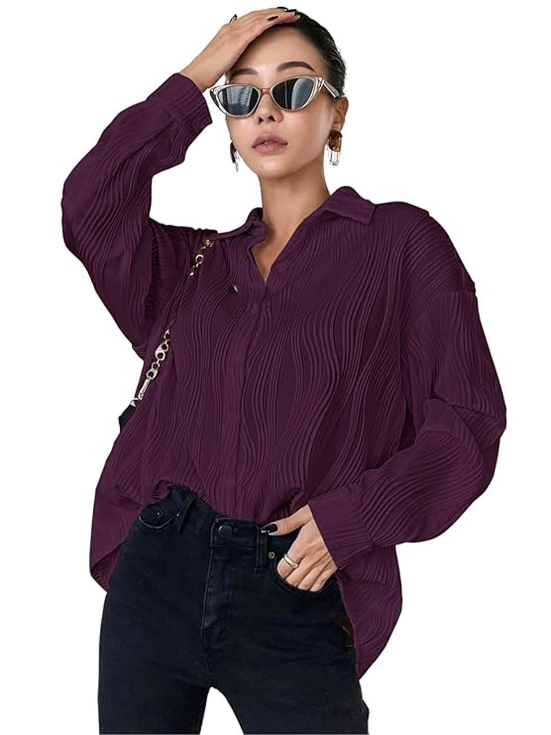 

KASHIAN Women Standard Fit Spread Collar Textured Casual Shirt, Purple