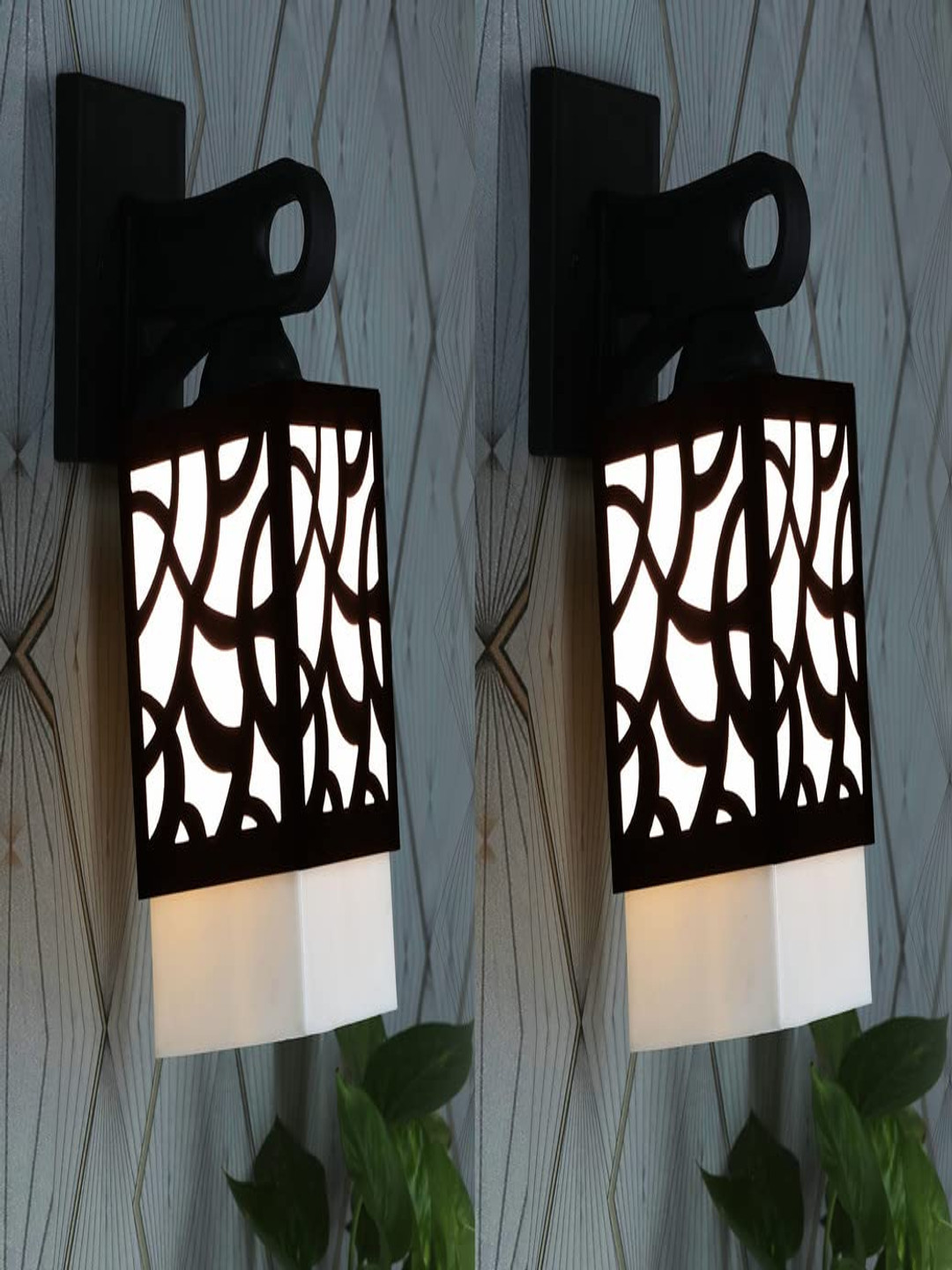 

Gojeeva Black & White 2 Pieces Textured Wooden Rectangle Shaped Wall Lamps