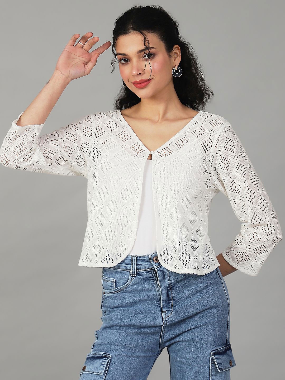 

UnaOne Geometric Self Design Button Pure Cotton Shrug, Off white