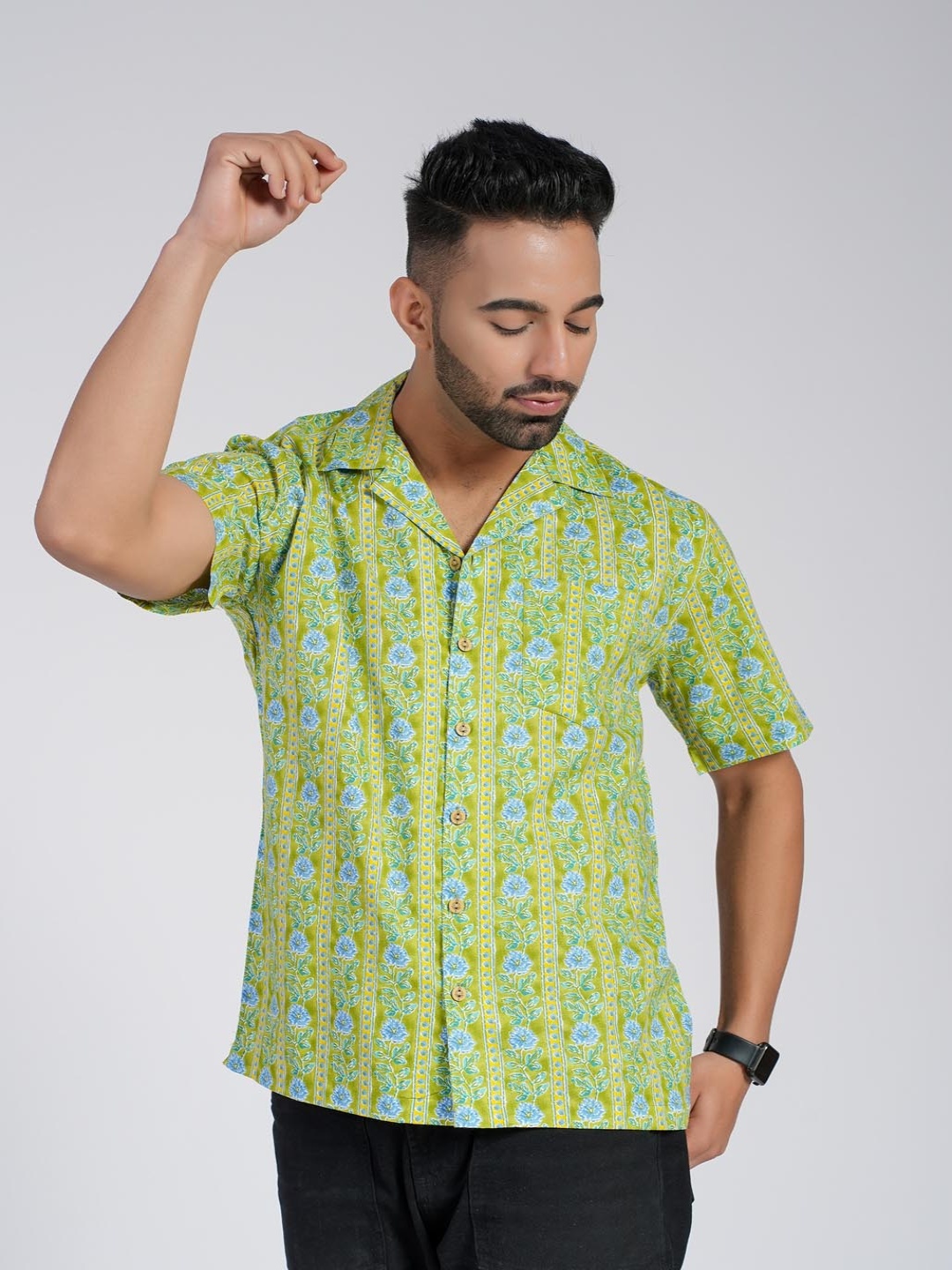 

Cotton Curio Men Comfort Fit Cuban Collar Floral Printed Cotton Casual Shirt, Green