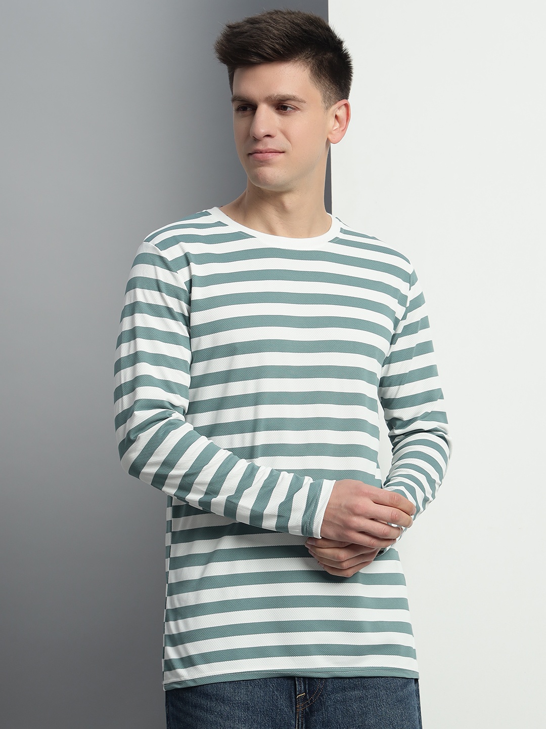 

Metronaut Men Striped Round Neck Cotton Slim Fit T-shirt, Sea green