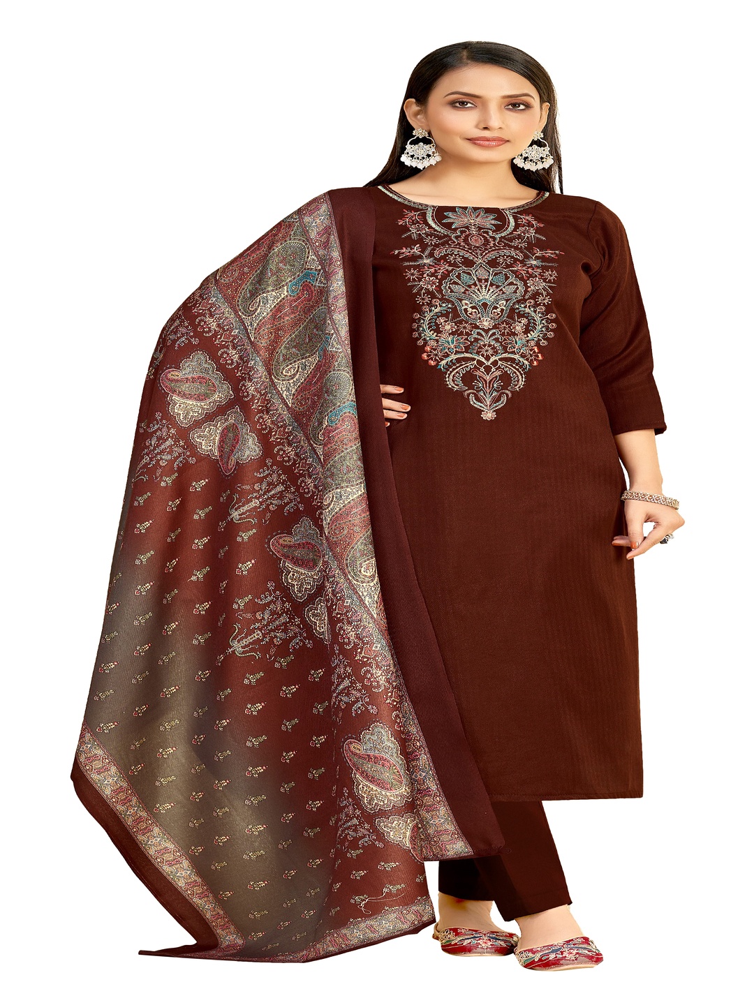 

DRAVINAM Trends Ethnic Motifs Embroidered Pashmina Unstitched Dress Material, Brown