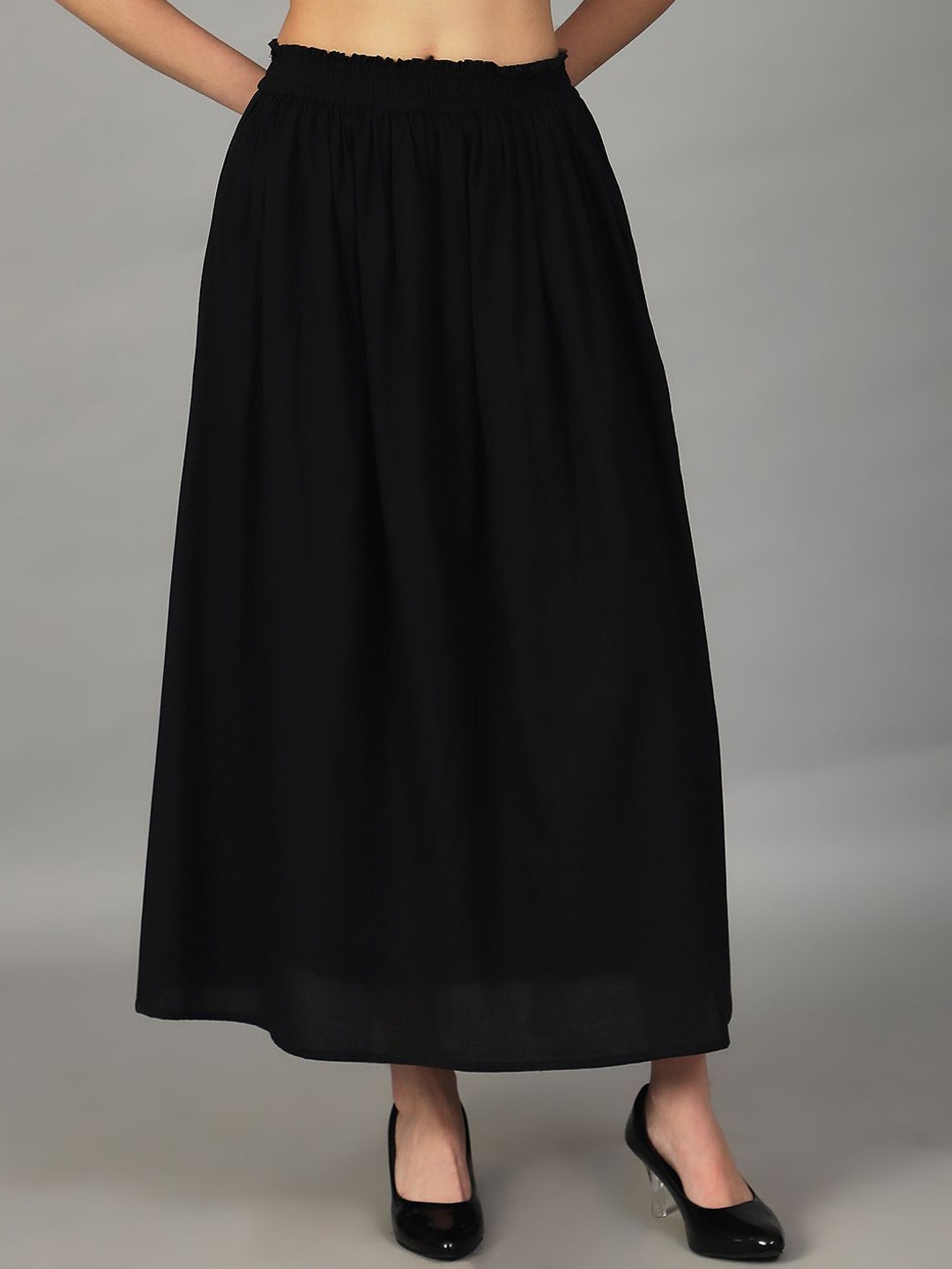 

UnaOne Women Pure Cotton Flared Maxi Skirt, Black
