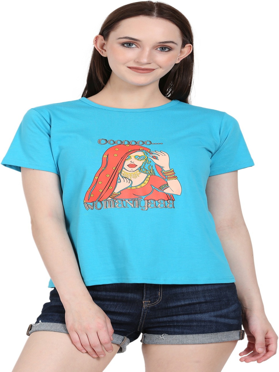 

DEEPMAYRA COLLECTION Women Graphic Printed Round Neck Cotton T-shirt, Blue