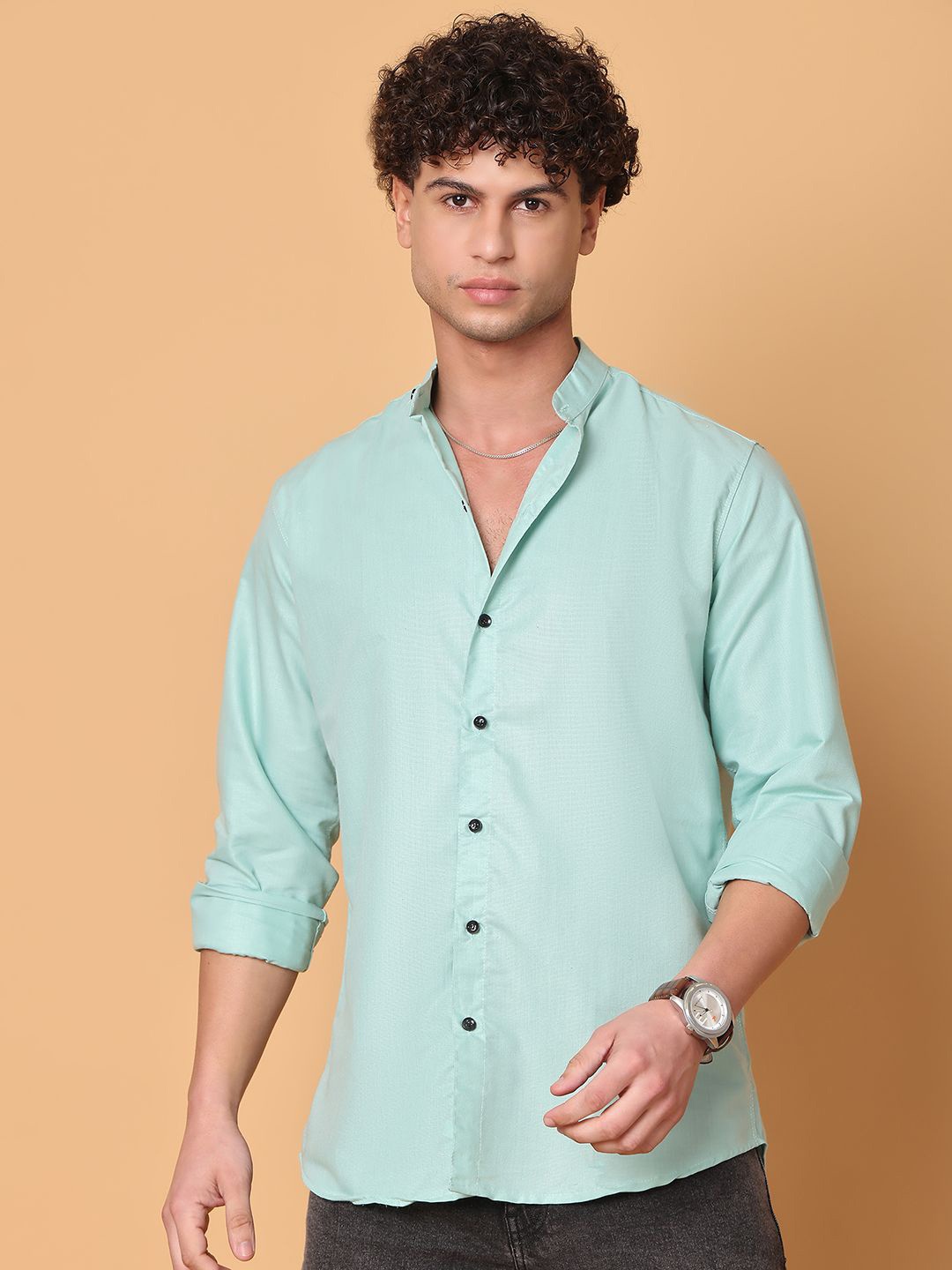 

Tanip Men Band Collar Solid Cotton Casual Shirt, Sea green