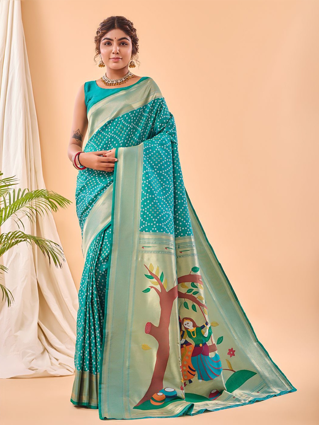 

TORONFRAS Ethnic Motifs Zari Paithani Saree, Green