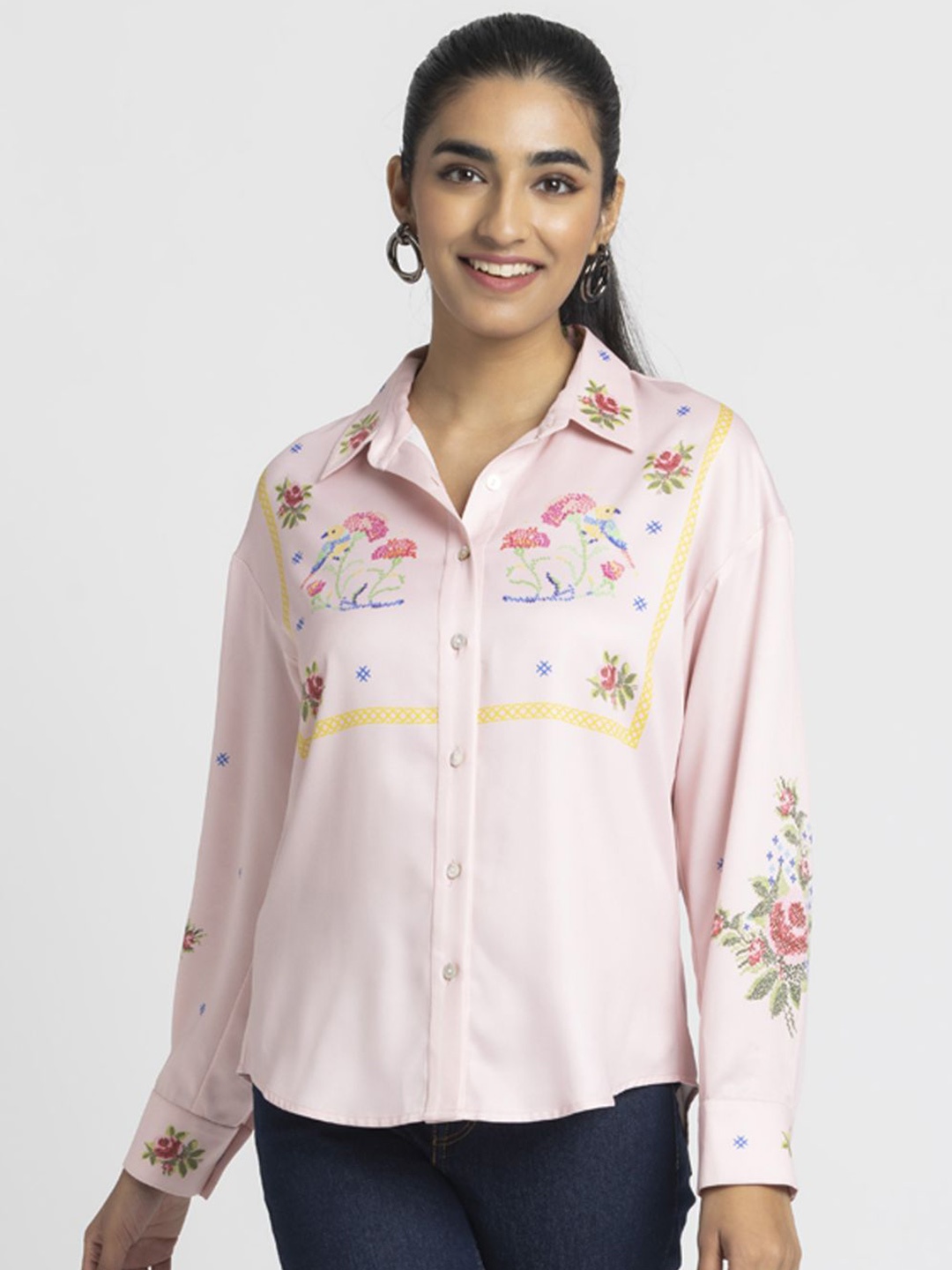 

SHAYE Women Smart Relaxed Fit Spread Collar Floral Printed Satin Casual Shirt, Pink