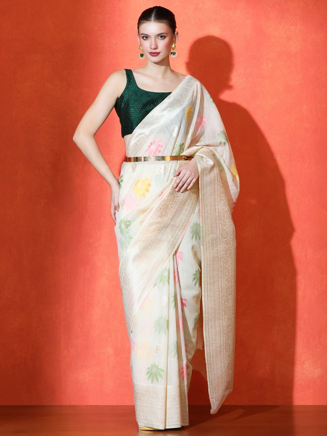 

SARHA Woven Design Cotton Saree, White