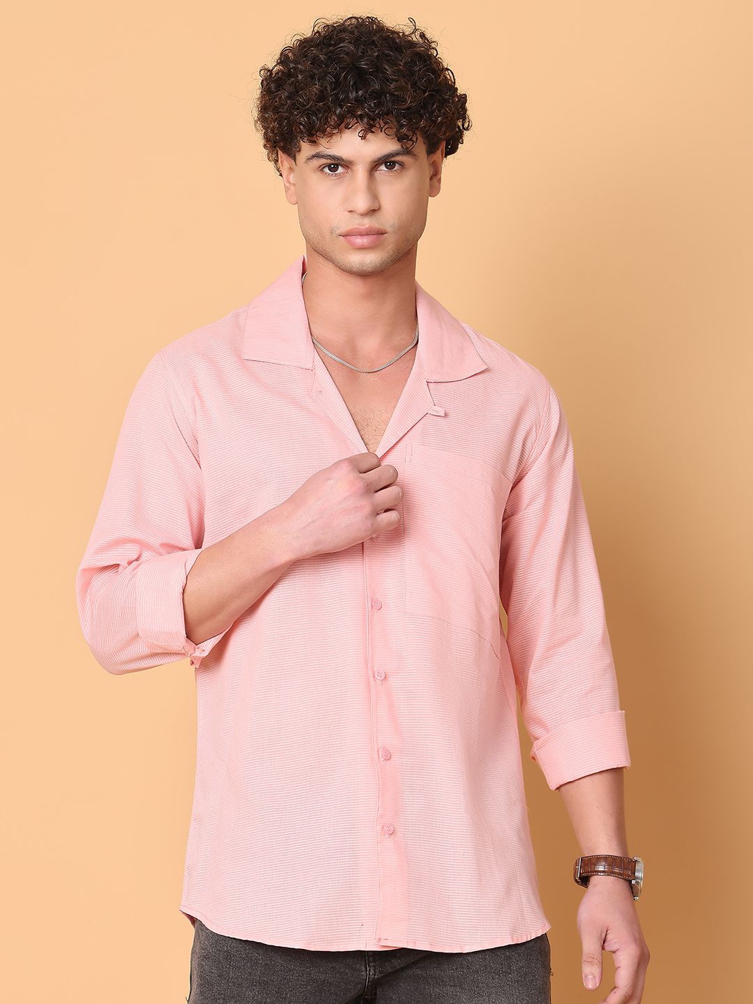 

Tanip Men Cuban Collar Textured Cotton Casual Shirt, Pink