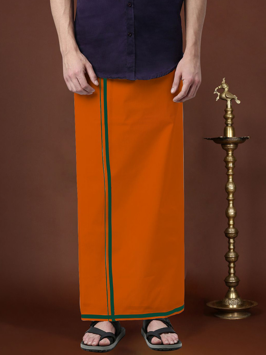 

Devala Weavers Society Men Pure Cotton Single Layer Orange Dhoti with Coloured Border