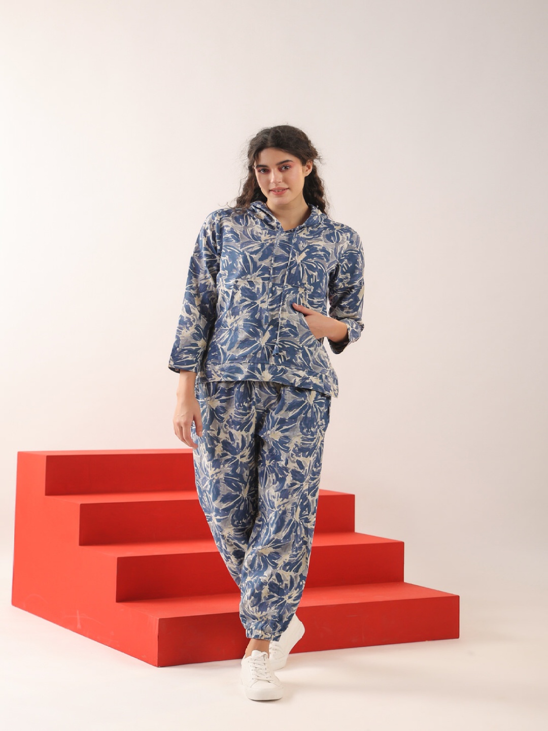 

JISORA Printed Hooded Pure Cotton Flex Co-Ord Set, Blue