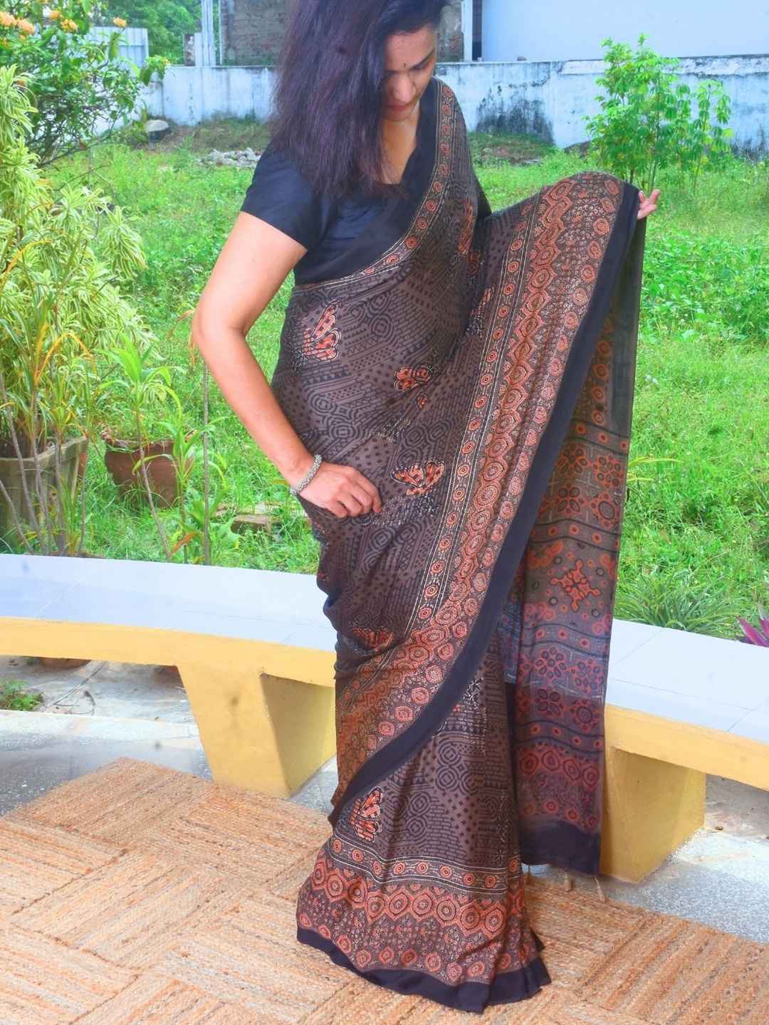 

Indeloom Ajrak Block Pure Silk Block Print Saree, Brown
