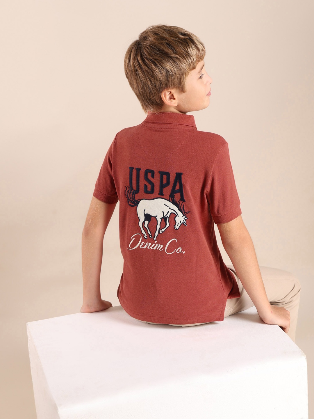 

U.S. Polo Assn. Kids Boys Brand Logo Printed Polo Collar Applique T-shirt, Red