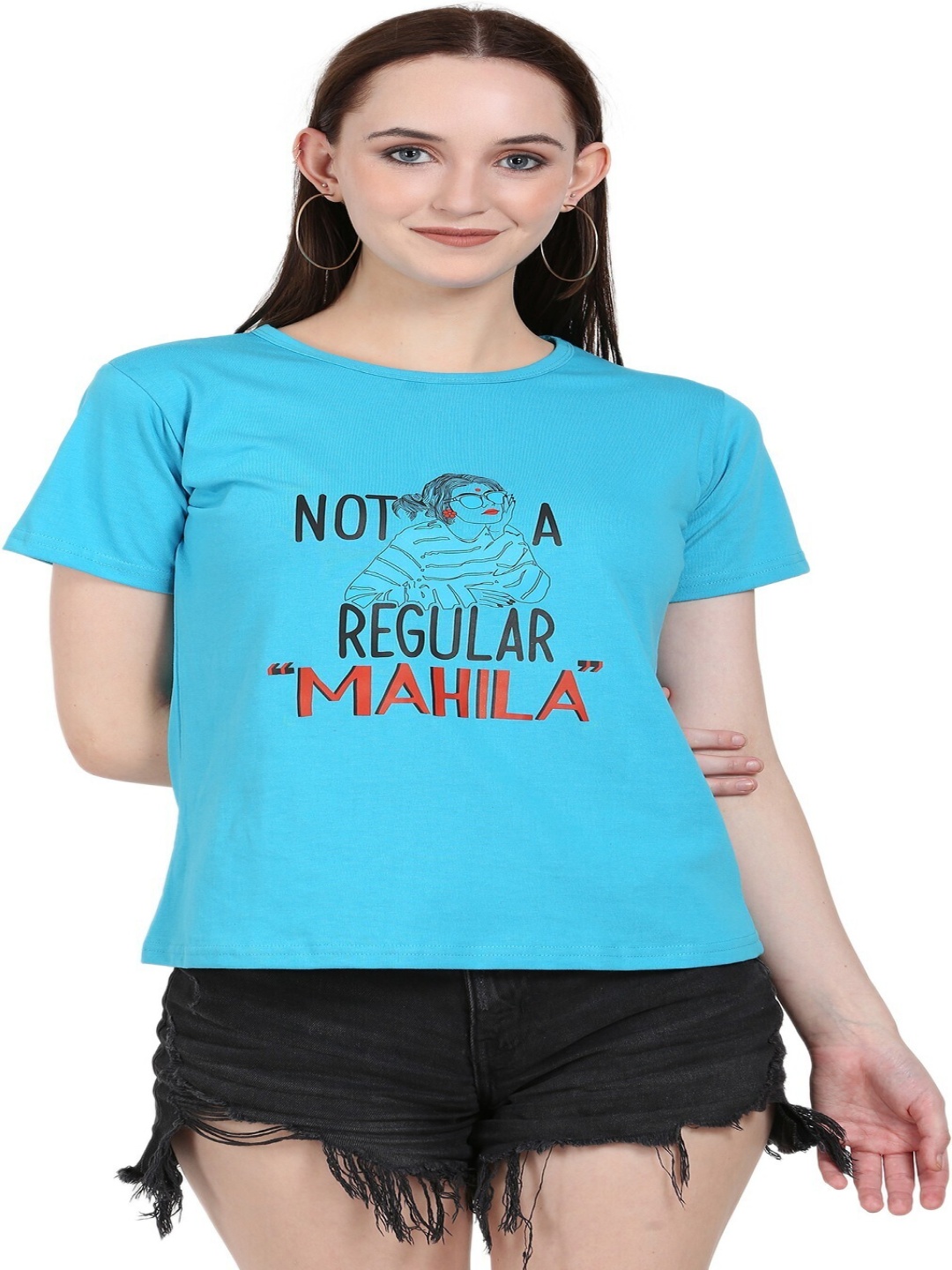 

DEEPMAYRA COLLECTION Women Graphic Printed Round Neck Cotton T-shirt, Blue
