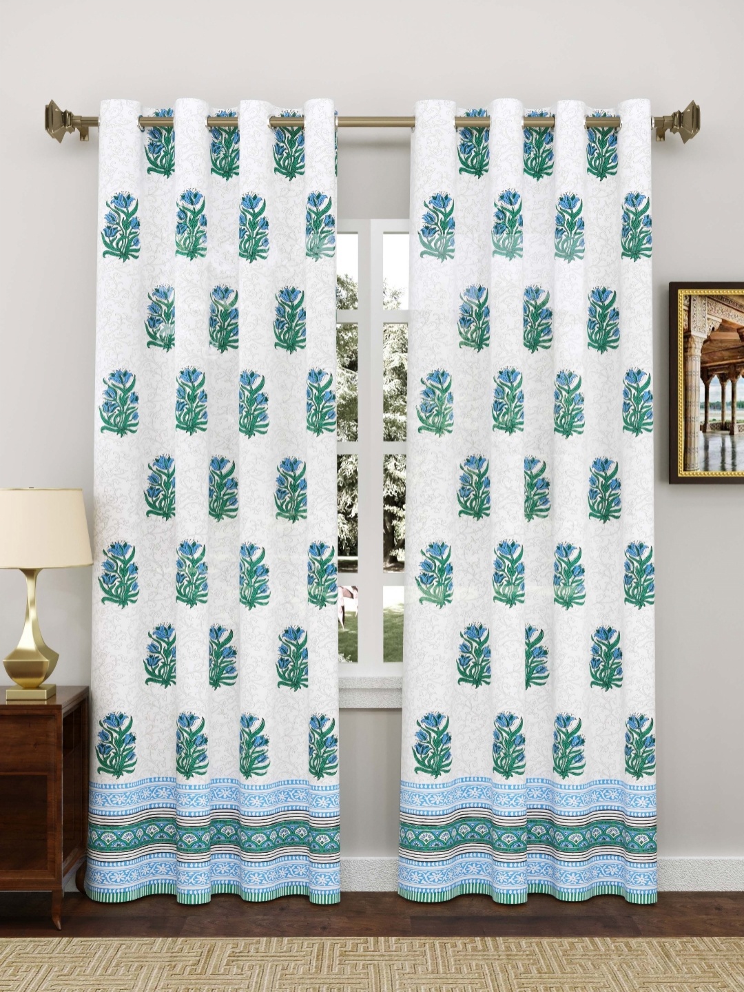 

Myntra Elegant Homes Blue & White 2 Pieces Cotton Eyelet Floral Door Curtain